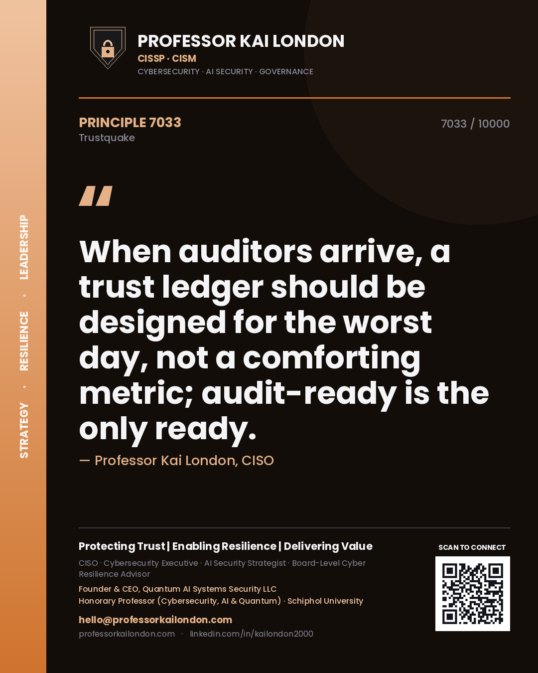 Professor Kai London principle 7033: When auditors arrive, a trust ledger should be designed for the worst day, not a comforting metric; audit-ready is the only ready.