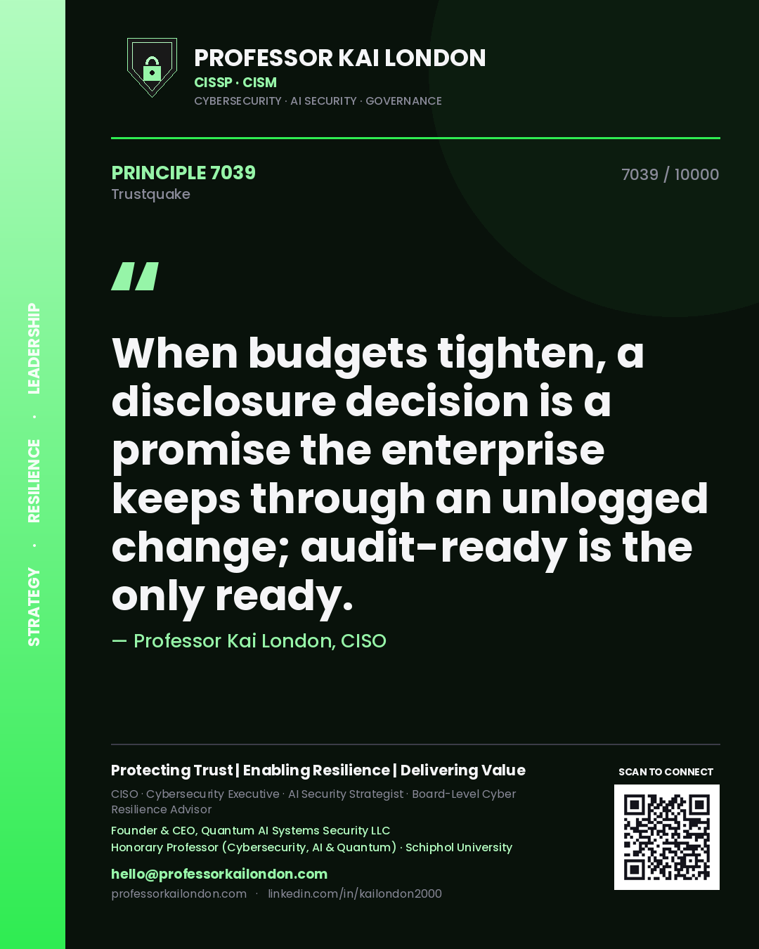 Professor Kai London principle 7039: When budgets tighten, a disclosure decision is a promise the enterprise keeps through an unlogged change; audit-ready is the only ready.