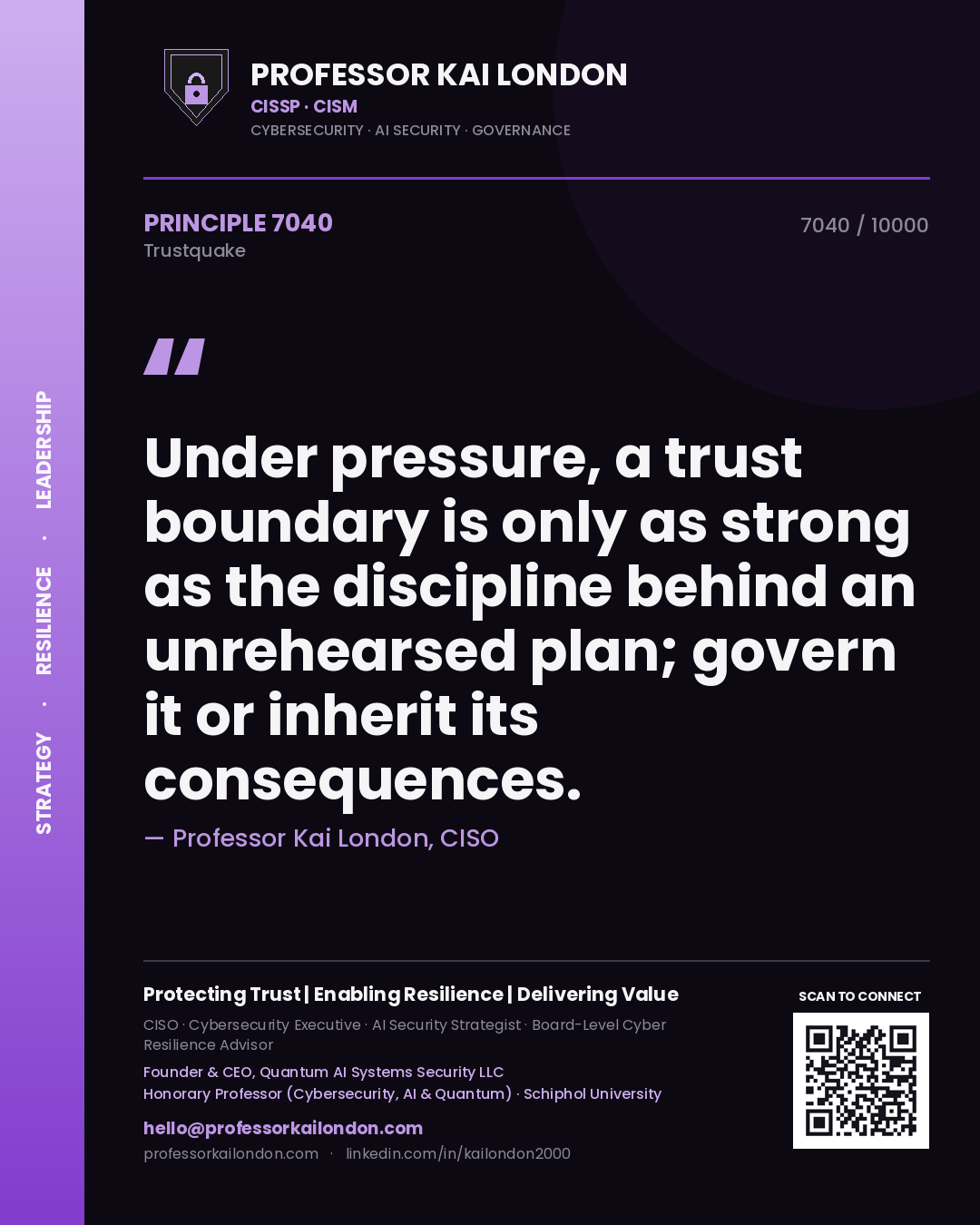 Professor Kai London principle 7040: Under pressure, a trust boundary is only as strong as the discipline behind an unrehearsed plan; govern it or inherit its consequences.