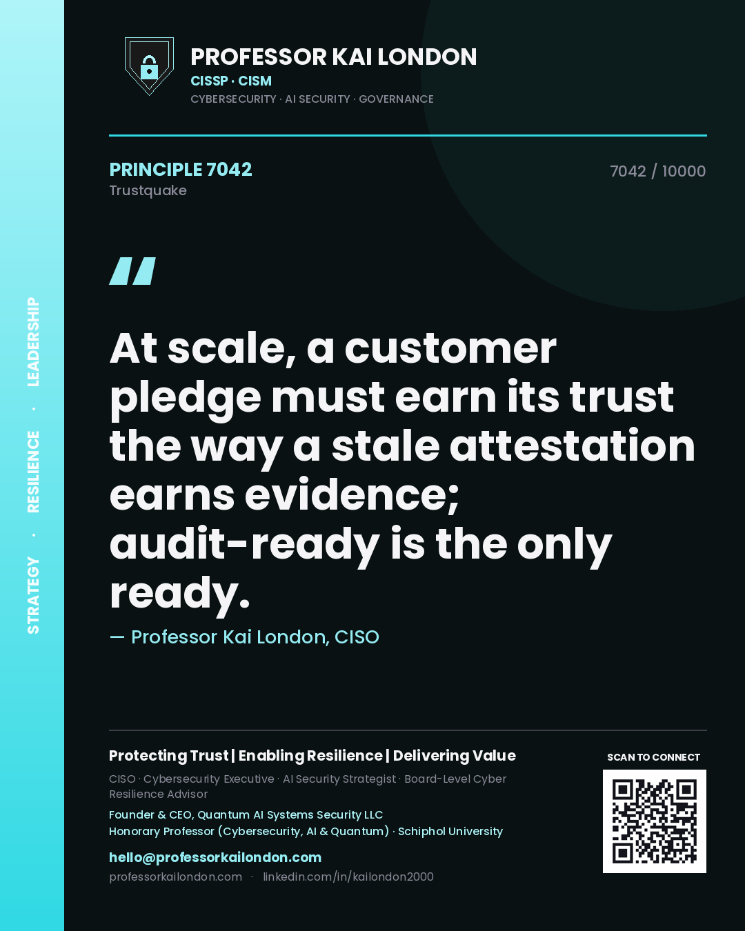 Professor Kai London principle 7042: At scale, a customer pledge must earn its trust the way a stale attestation earns evidence; audit-ready is the only ready.