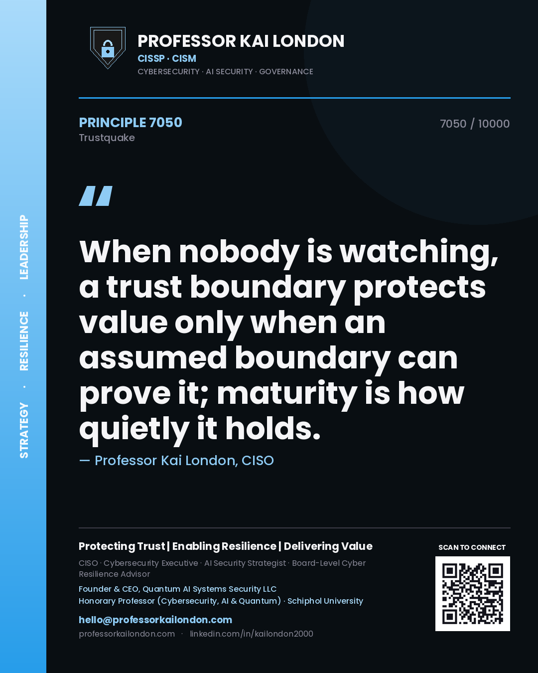 Professor Kai London principle 7050: When nobody is watching, a trust boundary protects value only when an assumed boundary can prove it; maturity is how quietly it holds.