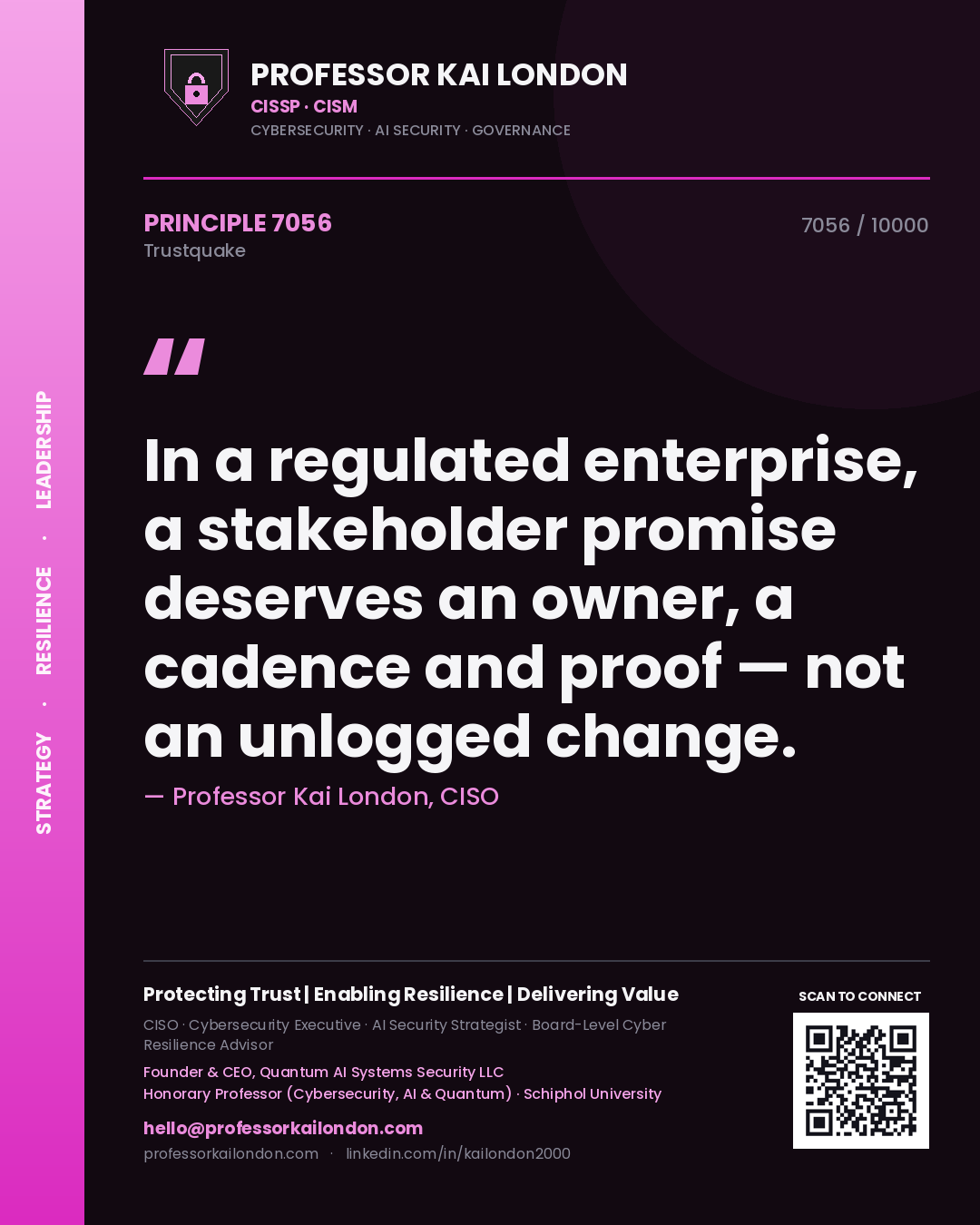Professor Kai London principle 7056: In a regulated enterprise, a stakeholder promise deserves an owner, a cadence and proof — not an unlogged change.