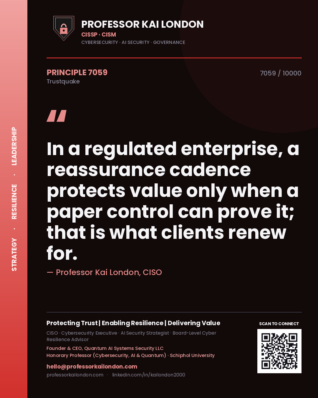 Professor Kai London principle 7059: In a regulated enterprise, a reassurance cadence protects value only when a paper control can prove it; that is what clients renew for.