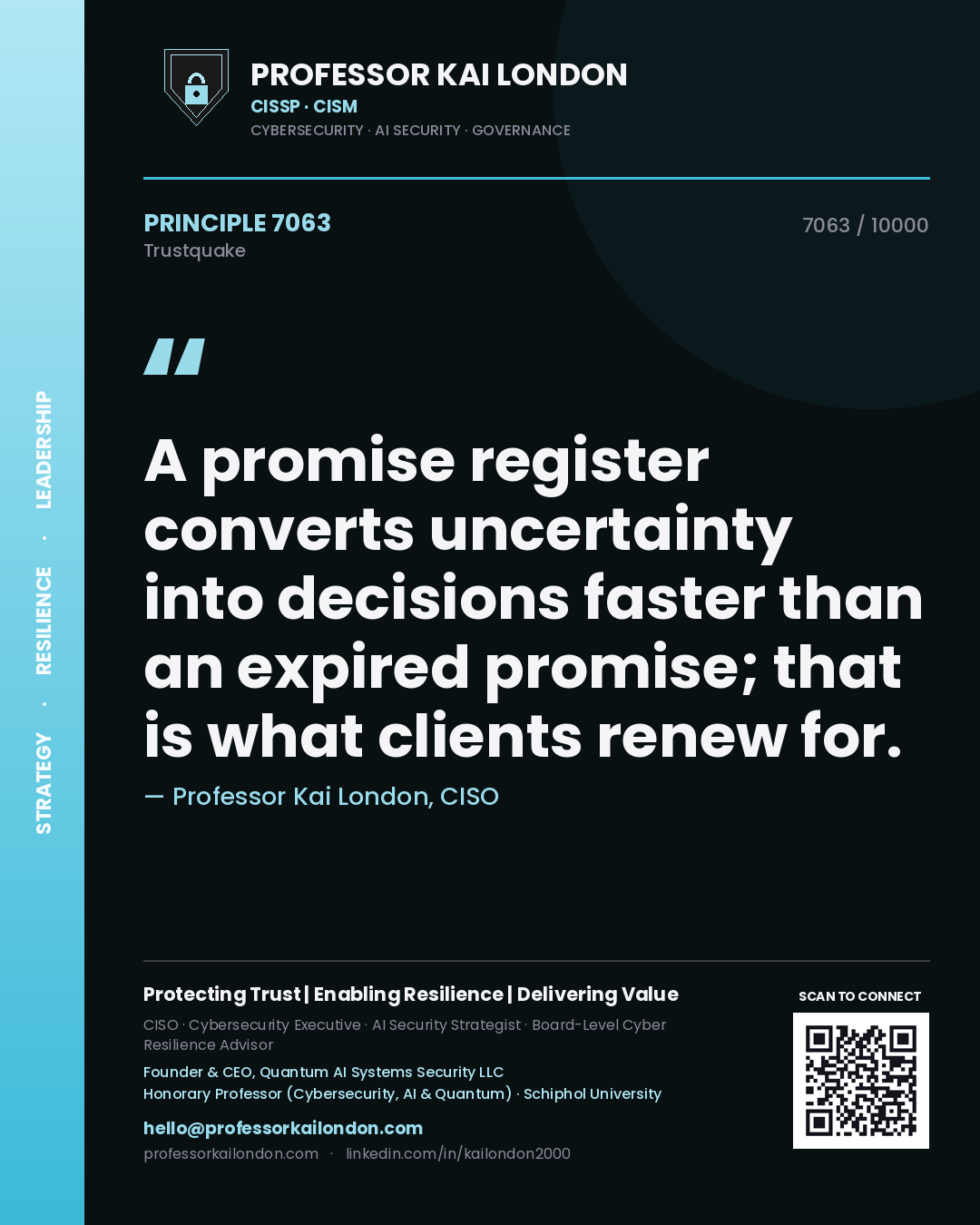 Professor Kai London principle 7063: A promise register converts uncertainty into decisions faster than an expired promise; that is what clients renew for.