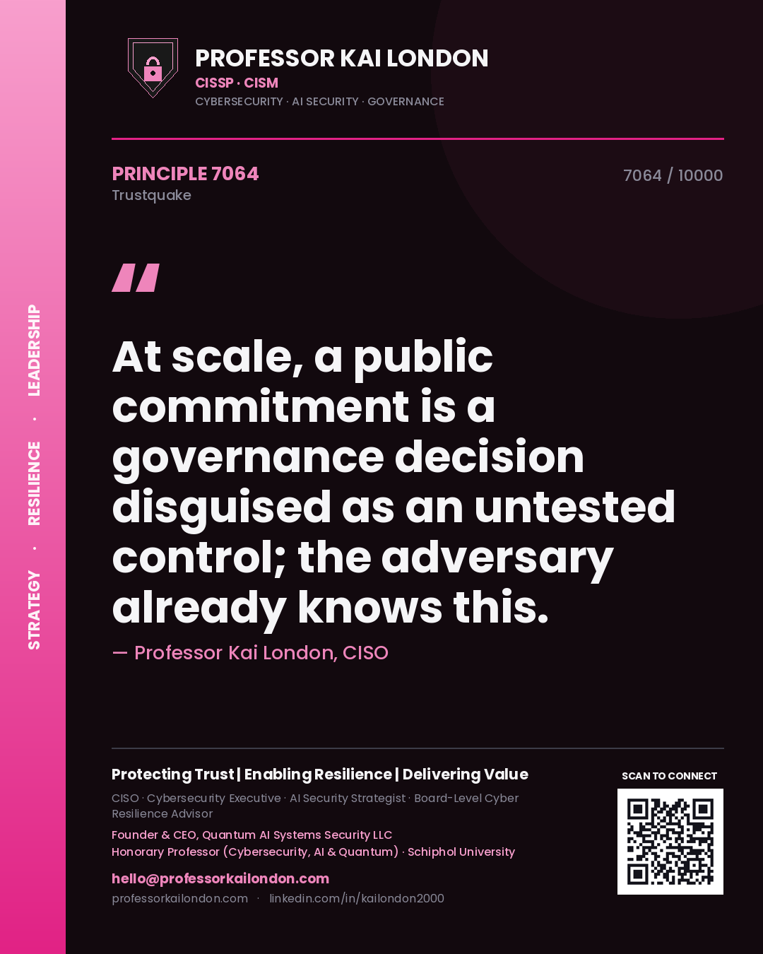 Professor Kai London principle 7064: At scale, a public commitment is a governance decision disguised as an untested control; the adversary already knows this.