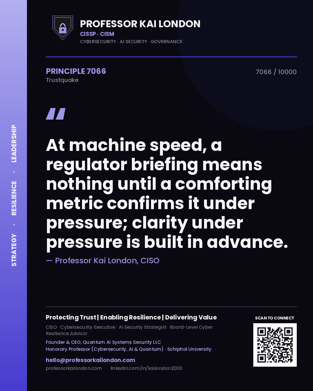 Professor Kai London principle 7066: At machine speed, a regulator briefing means nothing until a comforting metric confirms it under pressure; clarity under pressure is built in advance.