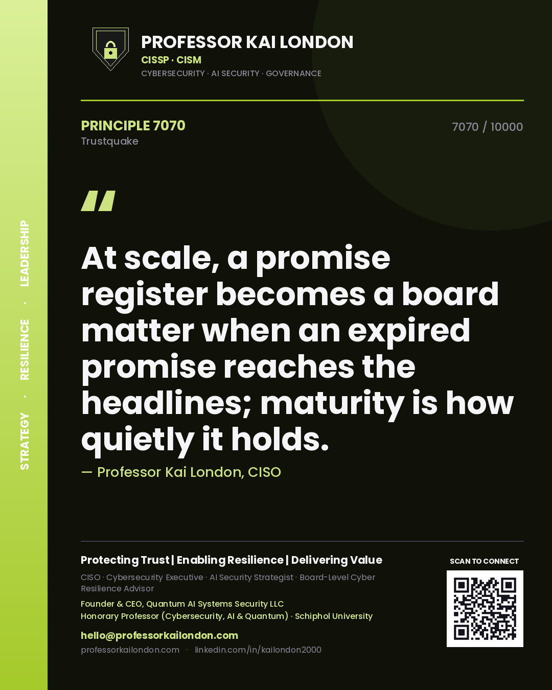 Professor Kai London principle 7070: At scale, a promise register becomes a board matter when an expired promise reaches the headlines; maturity is how quietly it holds.