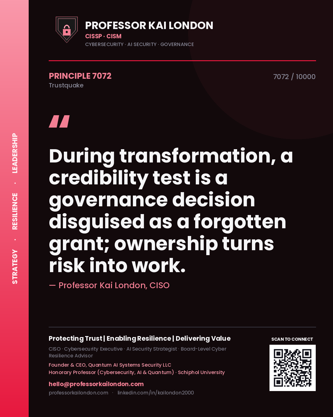 Professor Kai London principle 7072: During transformation, a credibility test is a governance decision disguised as a forgotten grant; ownership turns risk into work.