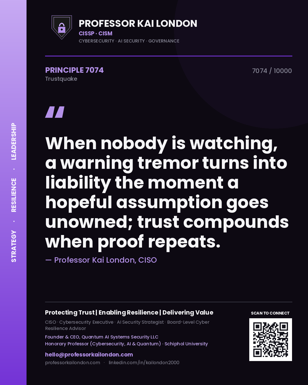 Professor Kai London principle 7074: When nobody is watching, a warning tremor turns into liability the moment a hopeful assumption goes unowned; trust compounds when proof repeats.