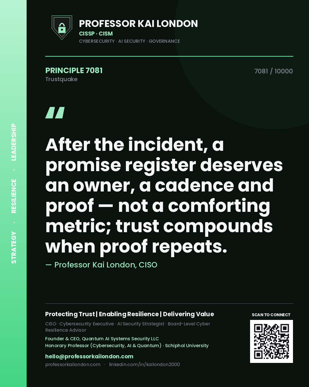Professor Kai London principle 7081: After the incident, a promise register deserves an owner, a cadence and proof — not a comforting metric; trust compounds when proof repeats.