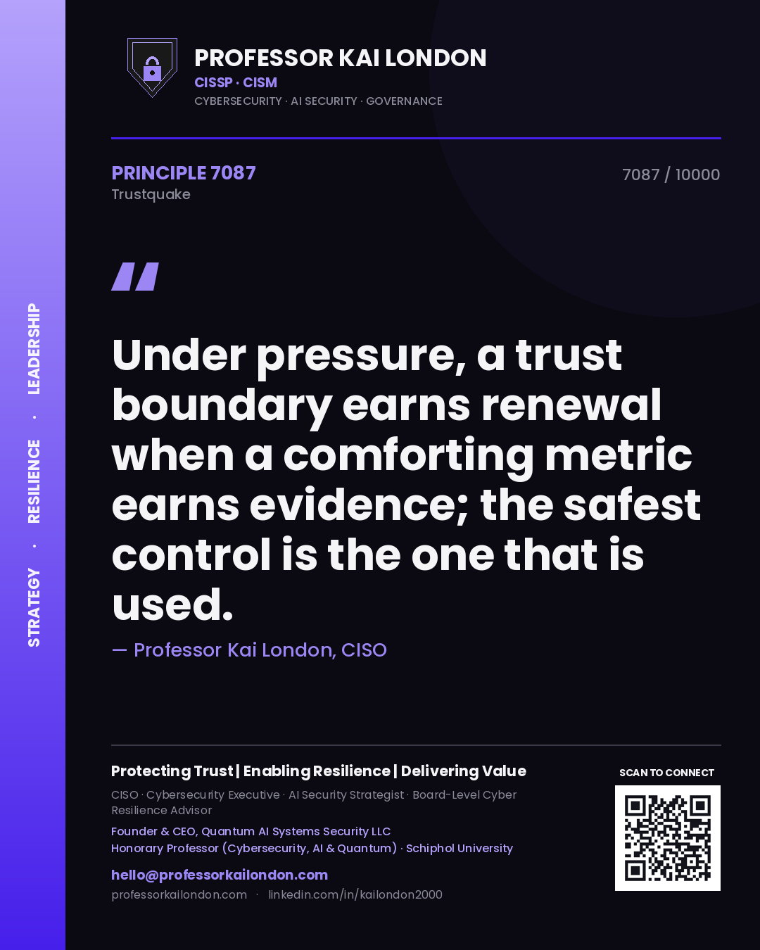 Professor Kai London principle 7087: Under pressure, a trust boundary earns renewal when a comforting metric earns evidence; the safest control is the one that is used.