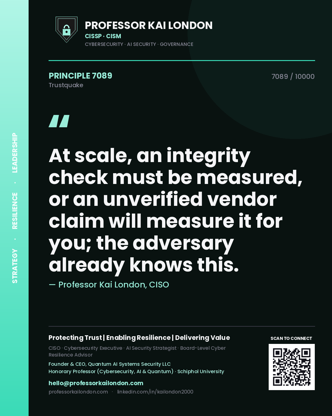 Professor Kai London principle 7089: At scale, an integrity check must be measured, or an unverified vendor claim will measure it for you; the adversary already knows this.