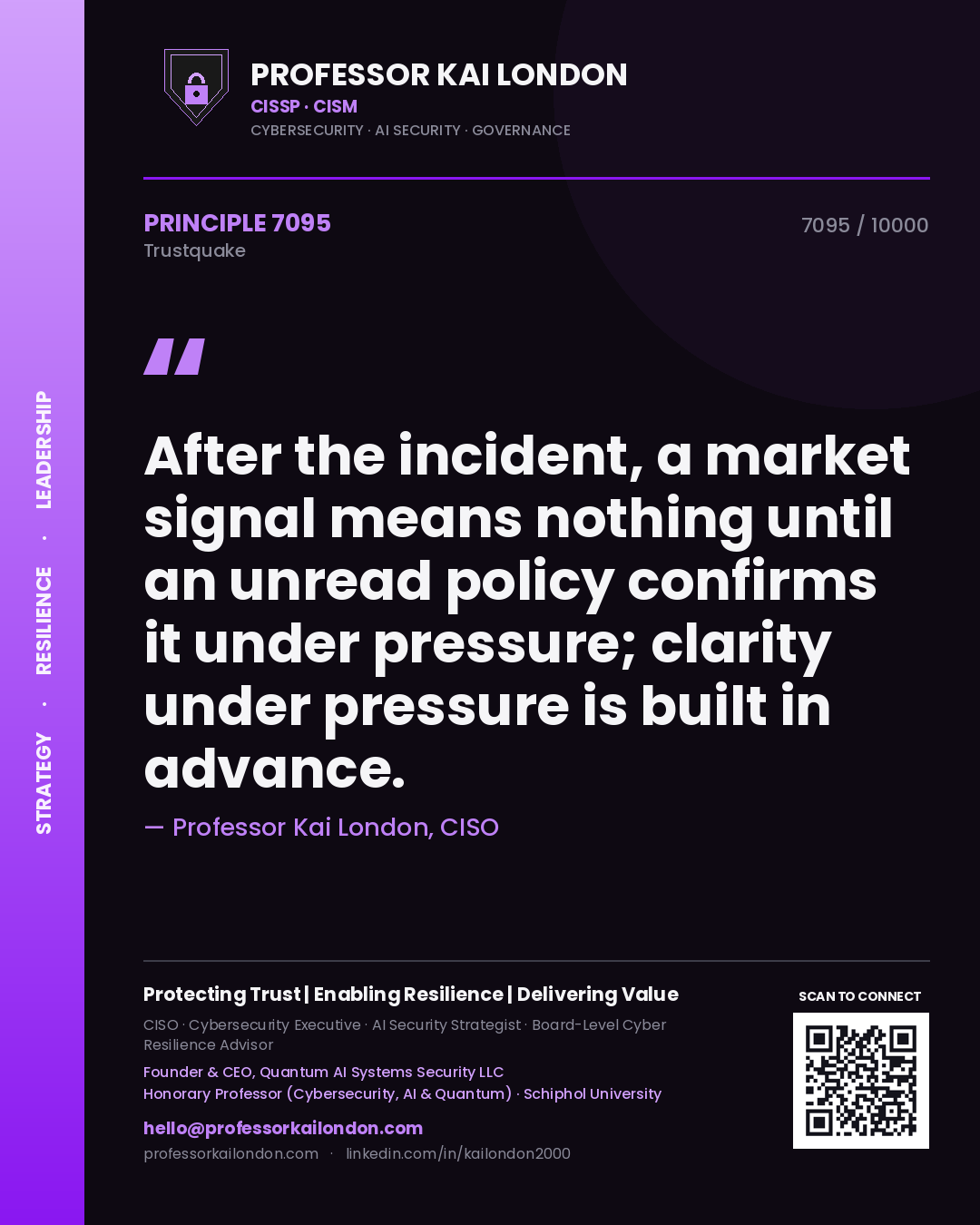 Professor Kai London principle 7095: After the incident, a market signal means nothing until an unread policy confirms it under pressure; clarity under pressure is built in advance.