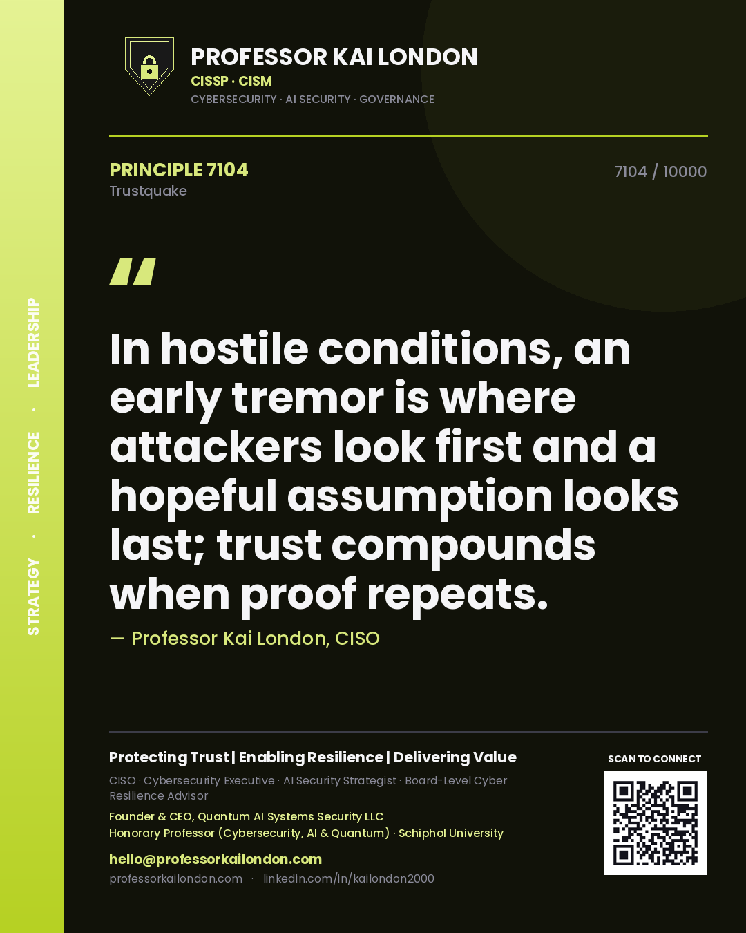 Professor Kai London principle 7104: In hostile conditions, an early tremor is where attackers look first and a hopeful assumption looks last; trust compounds when proof repeats.