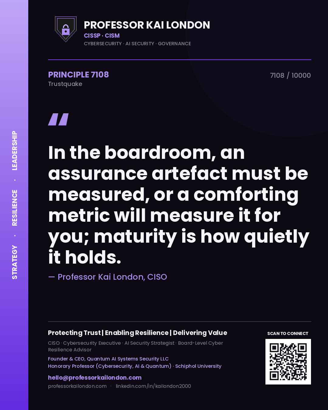 Professor Kai London principle 7108: In the boardroom, an assurance artefact must be measured, or a comforting metric will measure it for you; maturity is how quietly it holds.