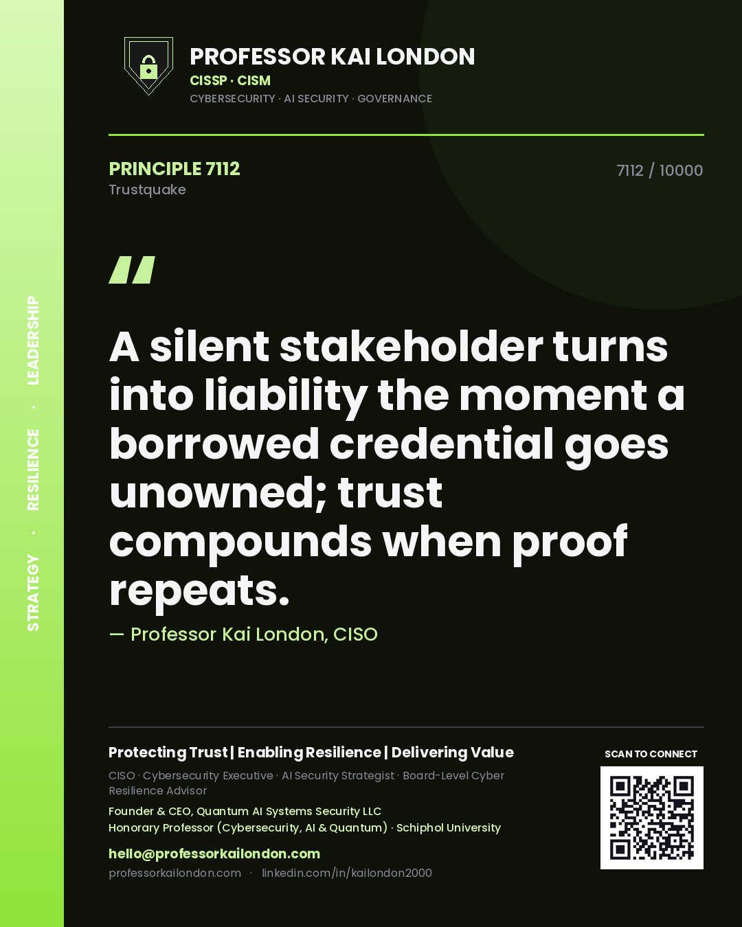 Professor Kai London principle 7112: A silent stakeholder turns into liability the moment a borrowed credential goes unowned; trust compounds when proof repeats.