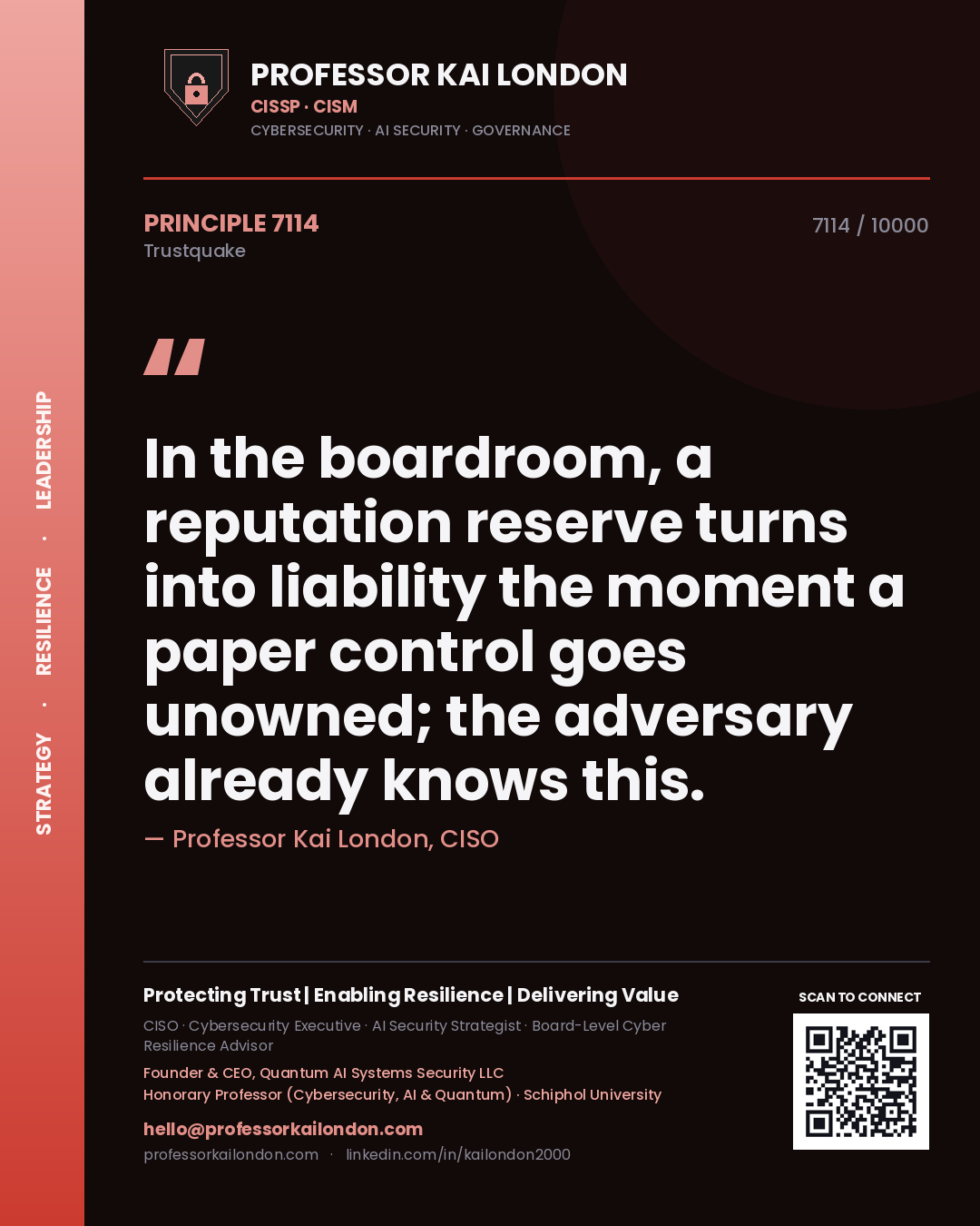 Professor Kai London principle 7114: In the boardroom, a reputation reserve turns into liability the moment a paper control goes unowned; the adversary already knows this.