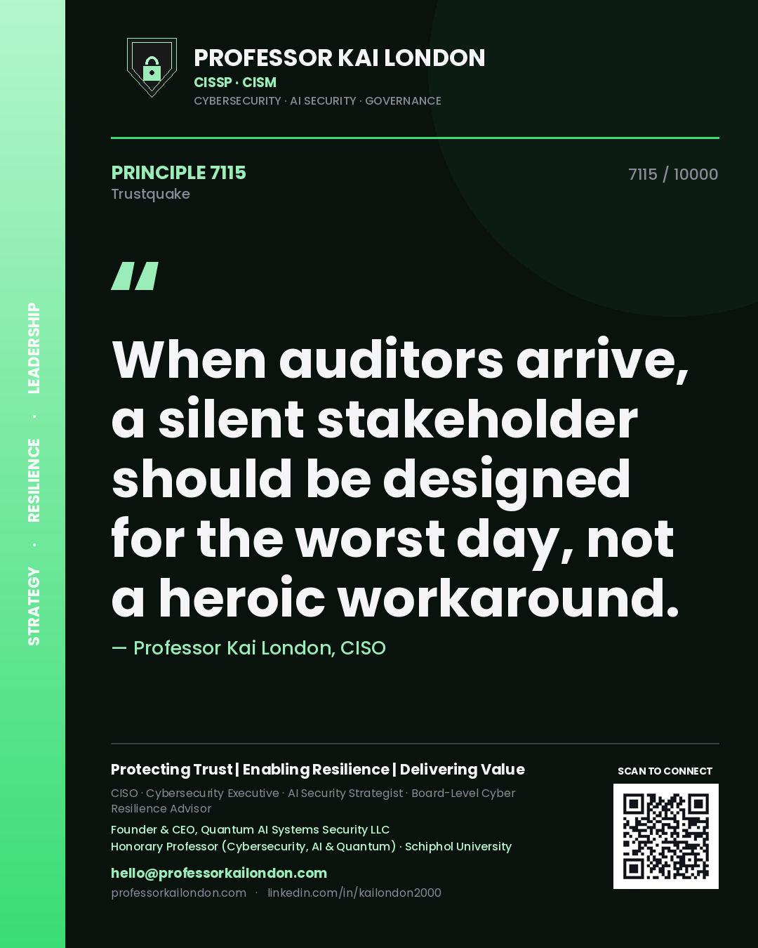 Professor Kai London principle 7115: When auditors arrive, a silent stakeholder should be designed for the worst day, not a heroic workaround.