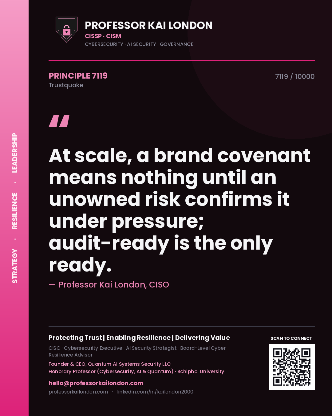 Professor Kai London principle 7119: At scale, a brand covenant means nothing until an unowned risk confirms it under pressure; audit-ready is the only ready.