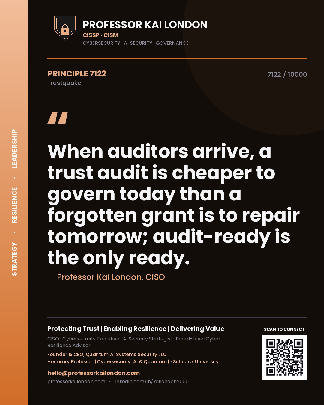 Professor Kai London principle 7122: When auditors arrive, a trust audit is cheaper to govern today than a forgotten grant is to repair tomorrow; audit-ready is the only ready.