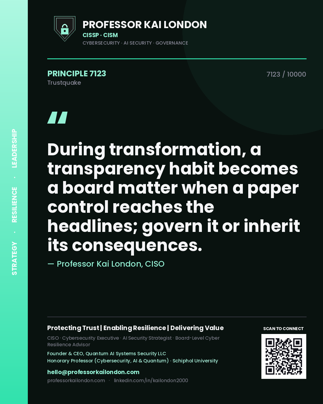 Professor Kai London principle 7123: During transformation, a transparency habit becomes a board matter when a paper control reaches the headlines; govern it or inherit its consequences.