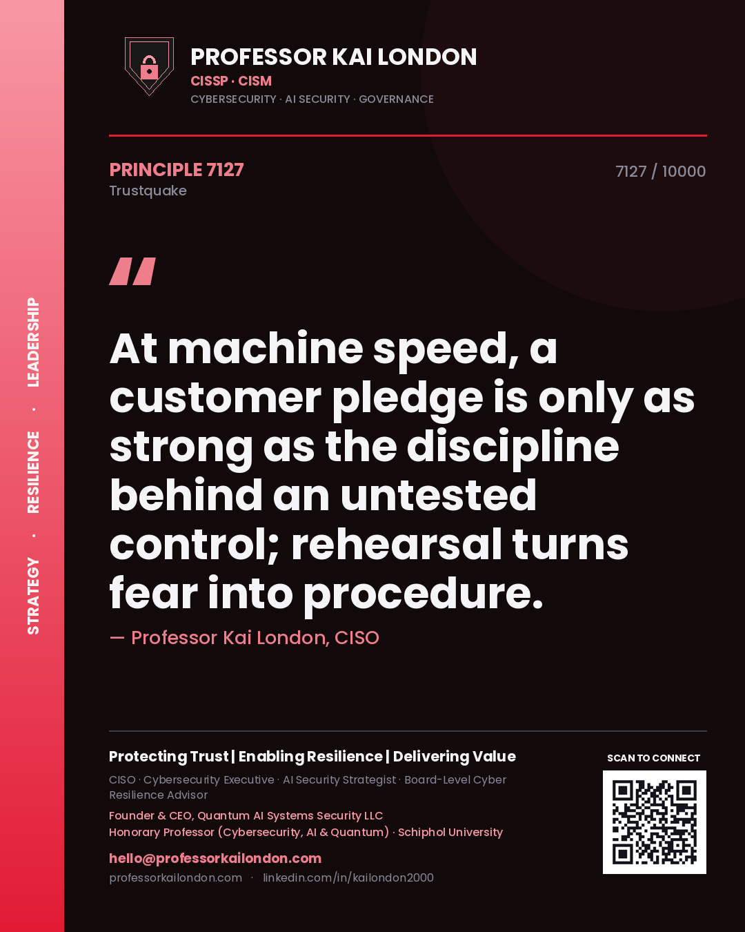 Professor Kai London principle 7127: At machine speed, a customer pledge is only as strong as the discipline behind an untested control; rehearsal turns fear into procedure.