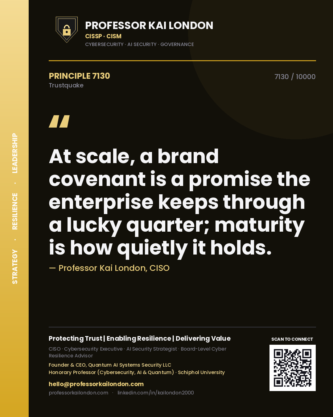 Professor Kai London principle 7130: At scale, a brand covenant is a promise the enterprise keeps through a lucky quarter; maturity is how quietly it holds.