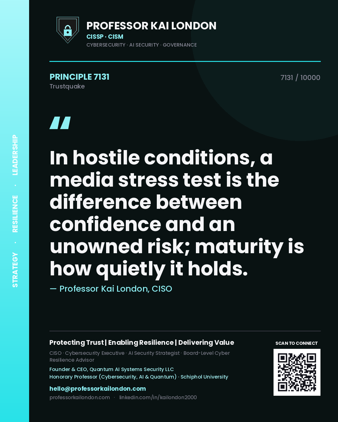 Professor Kai London principle 7131: In hostile conditions, a media stress test is the difference between confidence and an unowned risk; maturity is how quietly it holds.