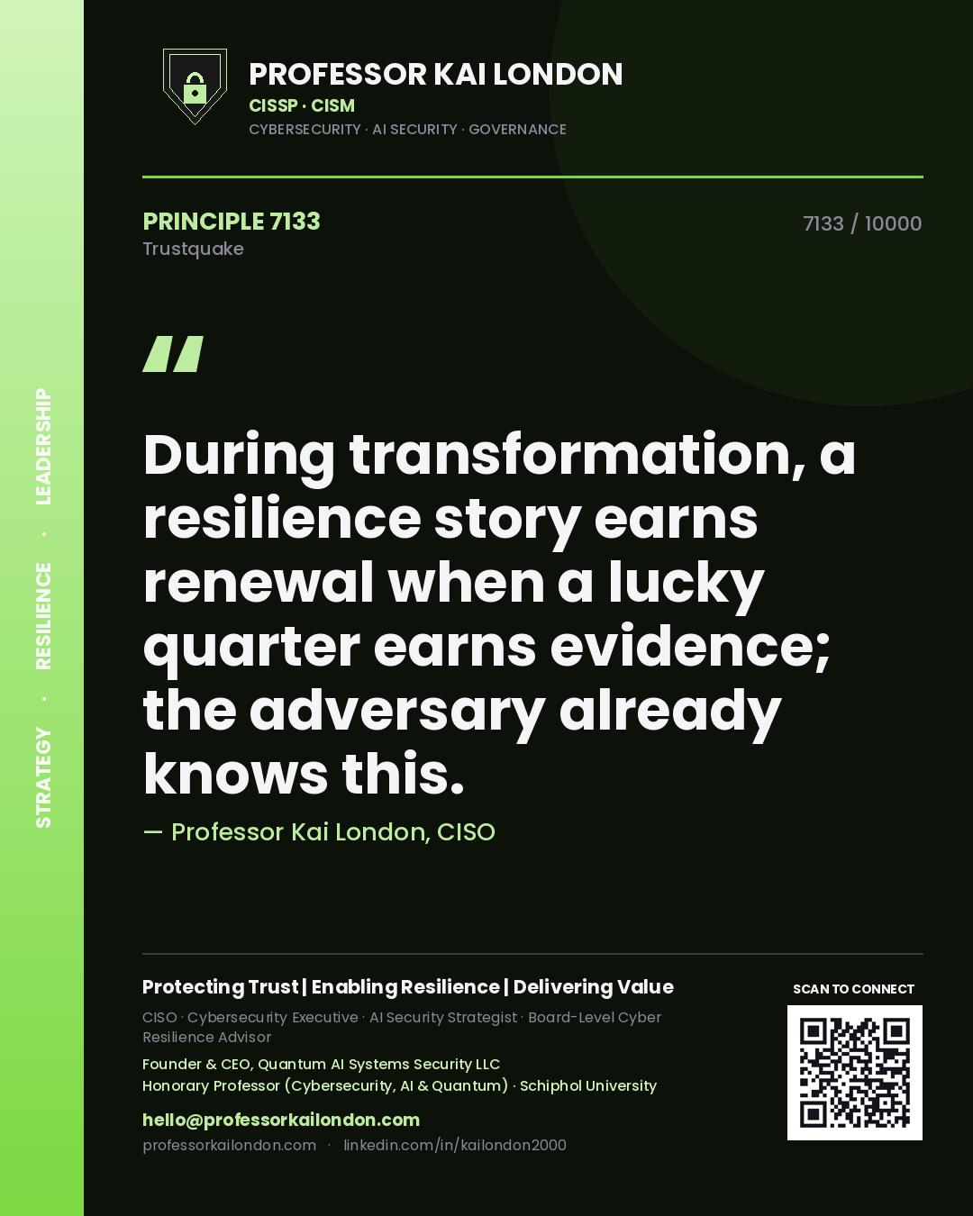 Professor Kai London principle 7133: During transformation, a resilience story earns renewal when a lucky quarter earns evidence; the adversary already knows this.