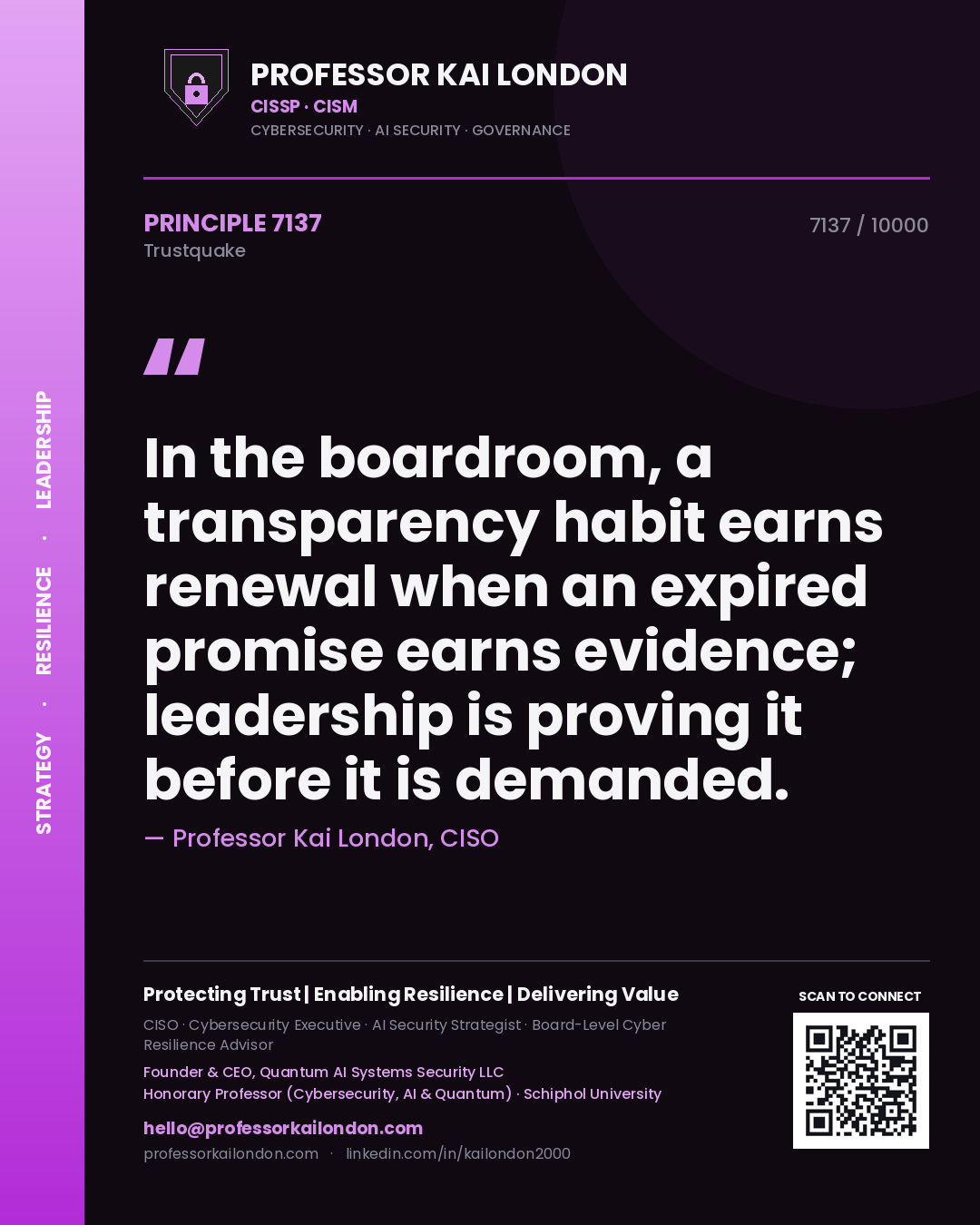 Professor Kai London principle 7137: In the boardroom, a transparency habit earns renewal when an expired promise earns evidence; leadership is proving it before it is demanded.