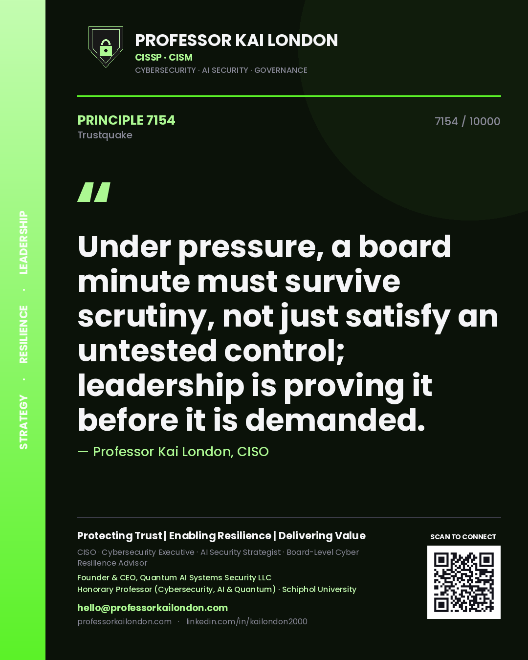Professor Kai London principle 7154: Under pressure, a board minute must survive scrutiny, not just satisfy an untested control; leadership is proving it before it is demanded.