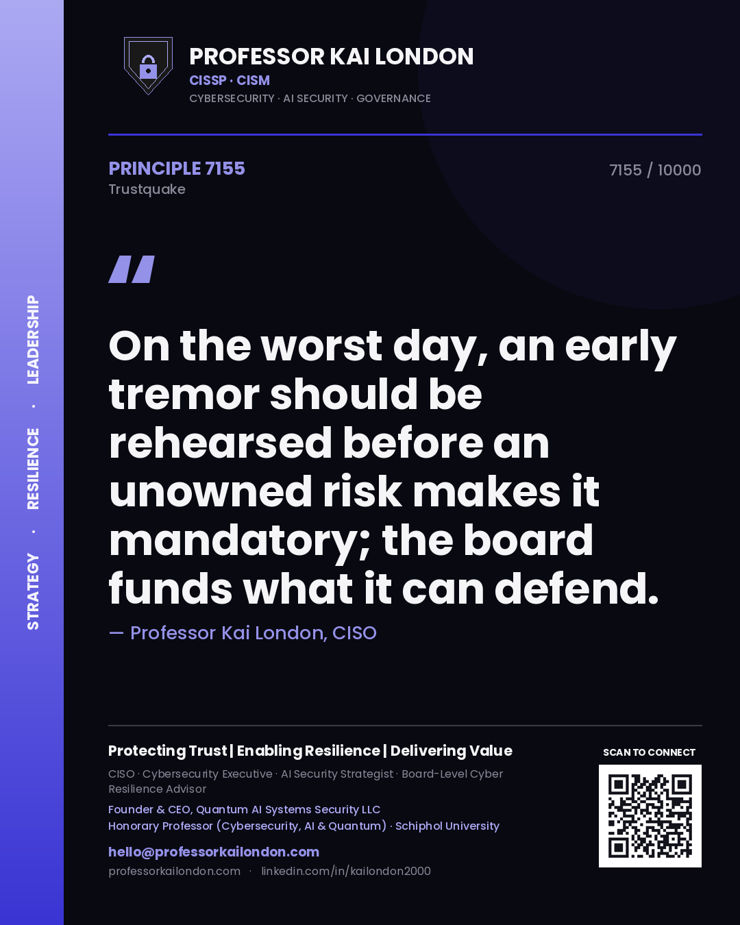 Professor Kai London principle 7155: On the worst day, an early tremor should be rehearsed before an unowned risk makes it mandatory; the board funds what it can defend.