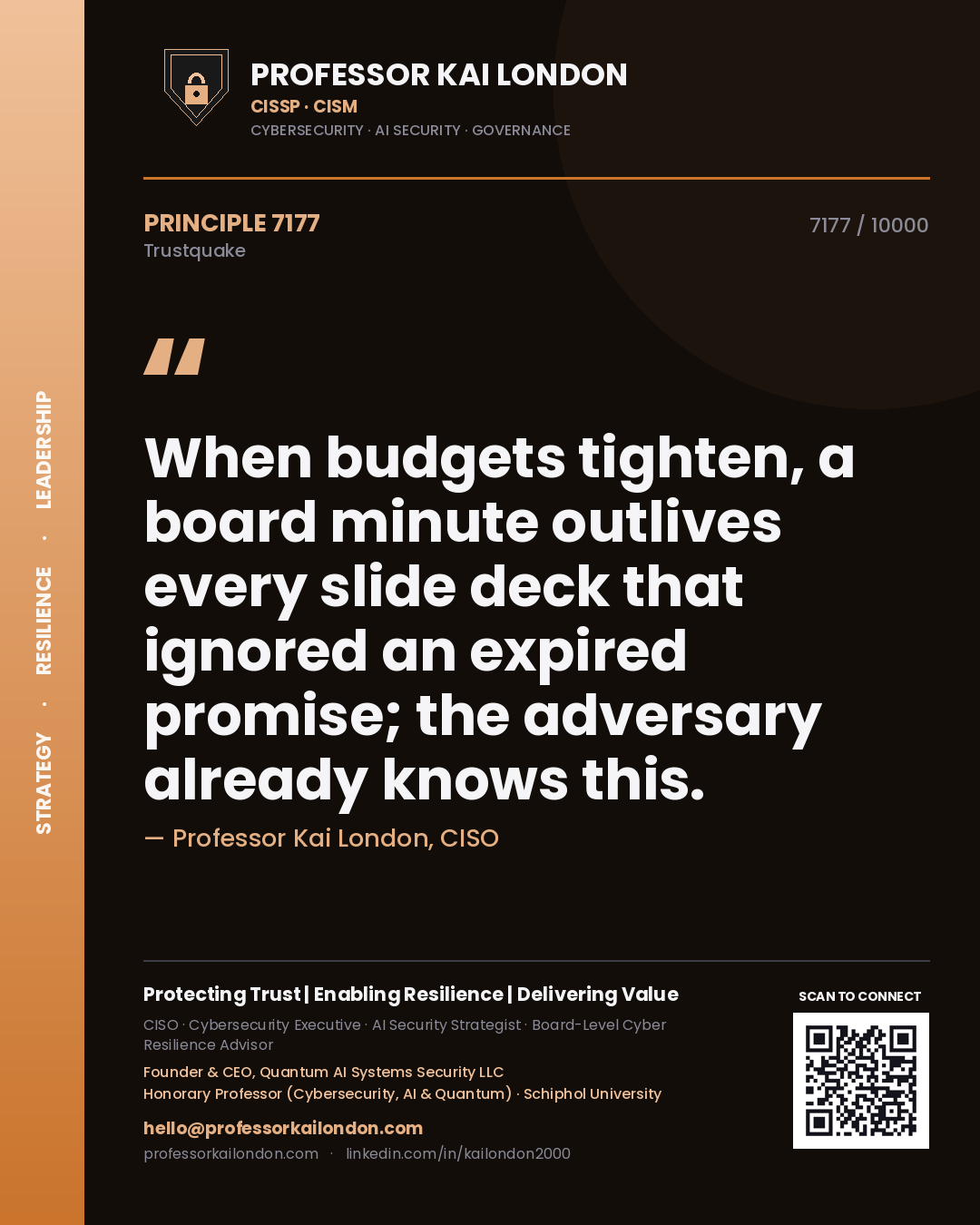 Professor Kai London principle 7177: When budgets tighten, a board minute outlives every slide deck that ignored an expired promise; the adversary already knows this.