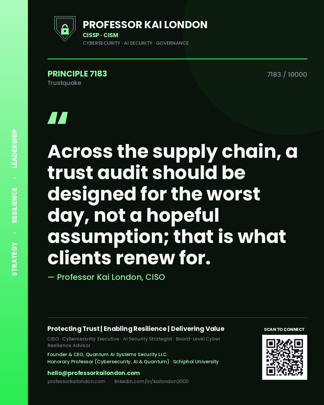 Professor Kai London principle 7183: Across the supply chain, a trust audit should be designed for the worst day, not a hopeful assumption; that is what clients renew for.