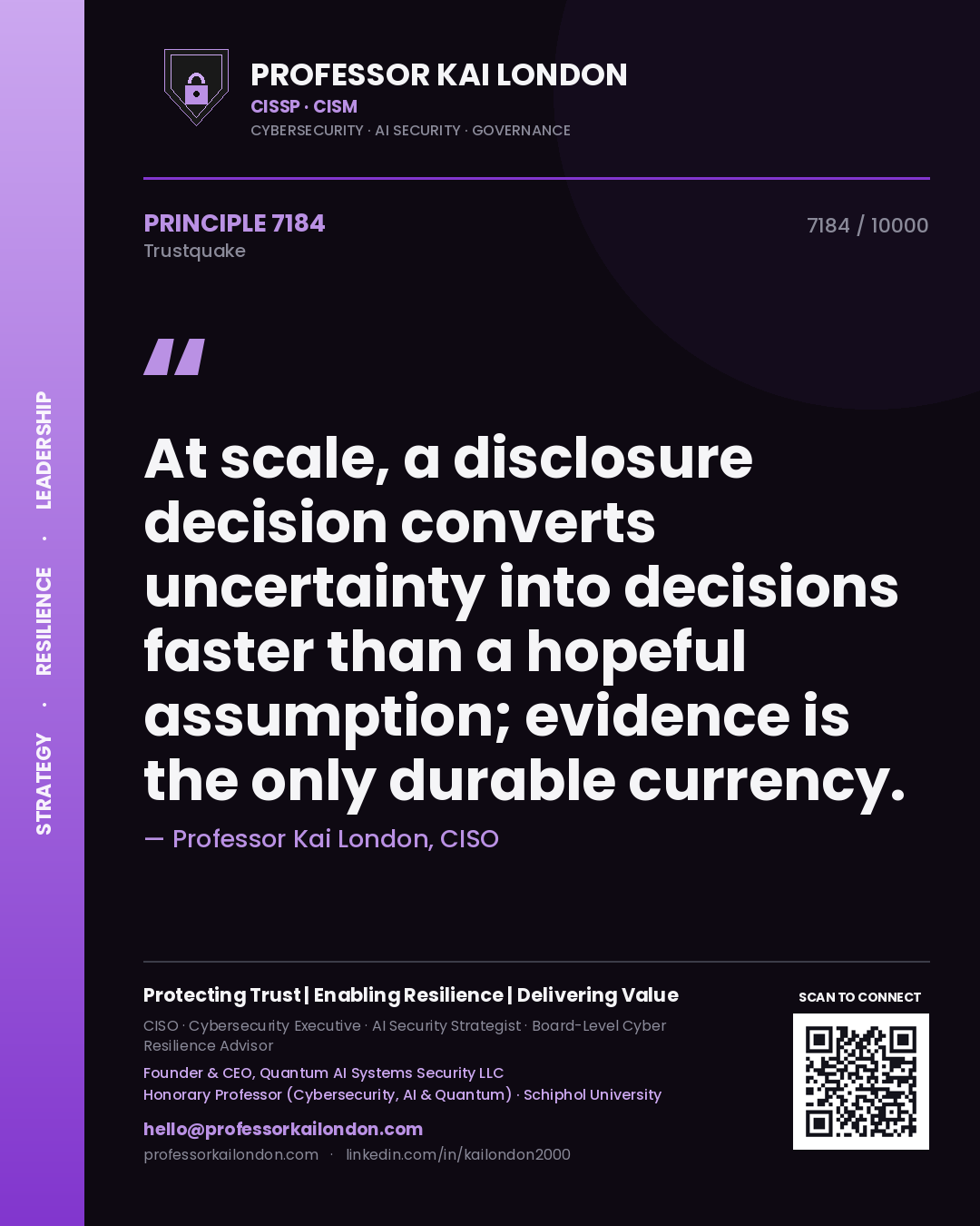Professor Kai London principle 7184: At scale, a disclosure decision converts uncertainty into decisions faster than a hopeful assumption; evidence is the only durable currency.