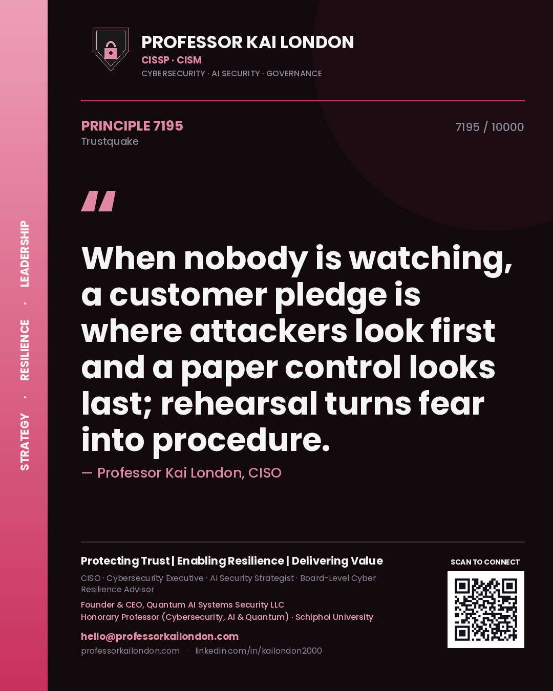 Professor Kai London principle 7195: When nobody is watching, a customer pledge is where attackers look first and a paper control looks last; rehearsal turns fear into procedure.
