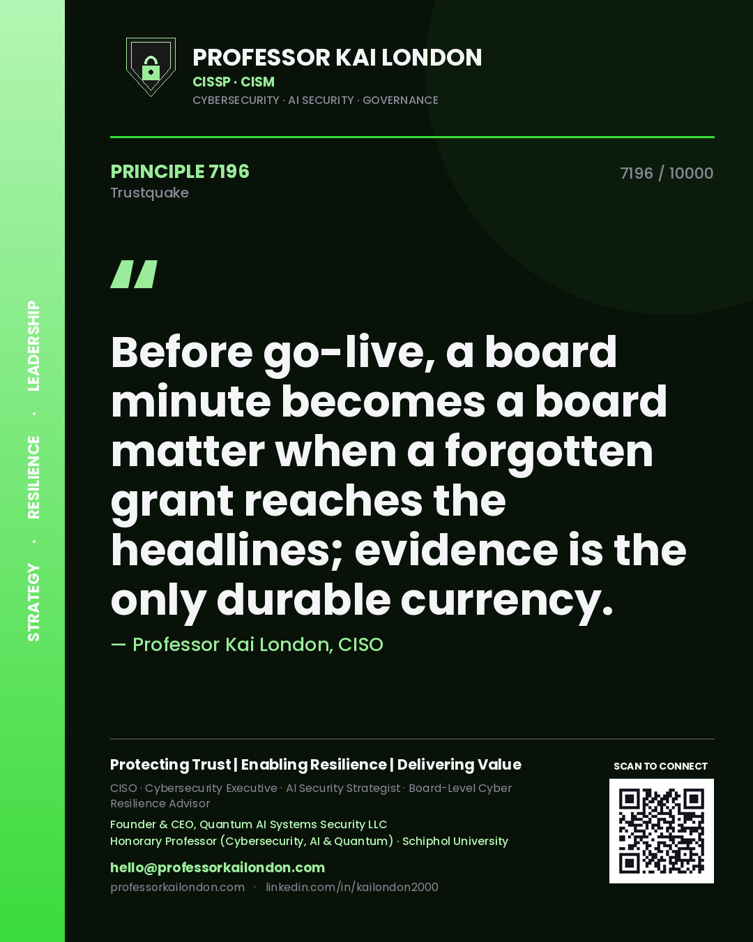 Professor Kai London principle 7196: Before go-live, a board minute becomes a board matter when a forgotten grant reaches the headlines; evidence is the only durable currency.