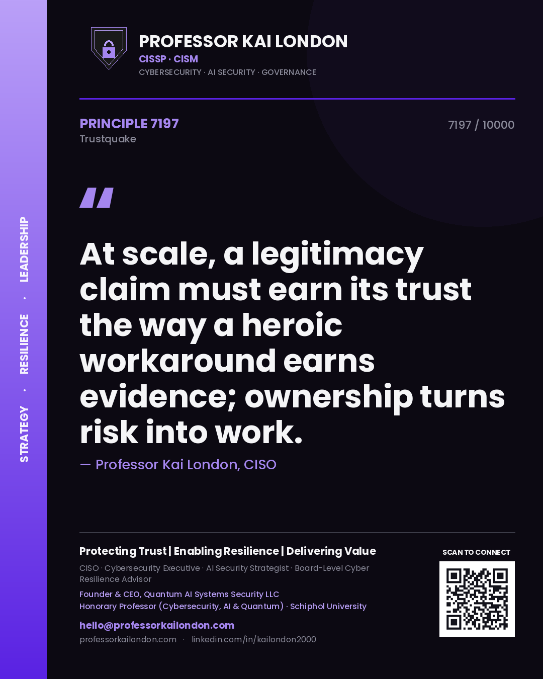 Professor Kai London principle 7197: At scale, a legitimacy claim must earn its trust the way a heroic workaround earns evidence; ownership turns risk into work.