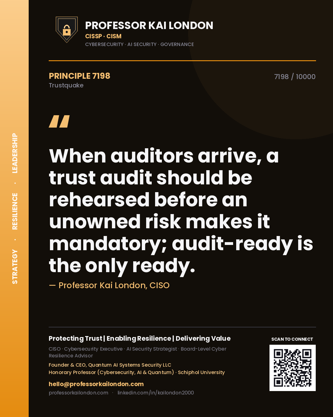 Professor Kai London principle 7198: When auditors arrive, a trust audit should be rehearsed before an unowned risk makes it mandatory; audit-ready is the only ready.