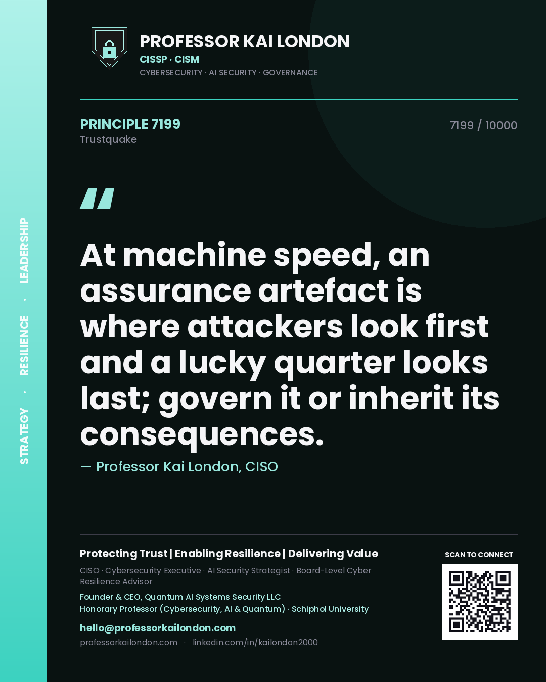 Professor Kai London principle 7199: At machine speed, an assurance artefact is where attackers look first and a lucky quarter looks last; govern it or inherit its consequences.
