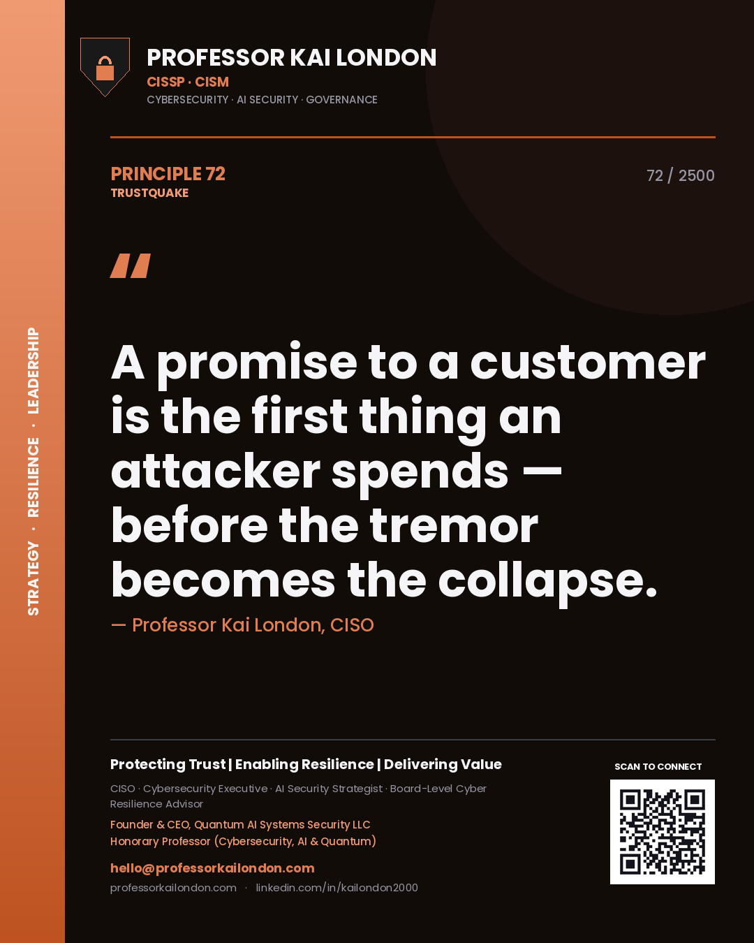 Professor Kai London principle 72: A promise to a customer is the first thing an attacker spends — before the tremor becomes the collapse.