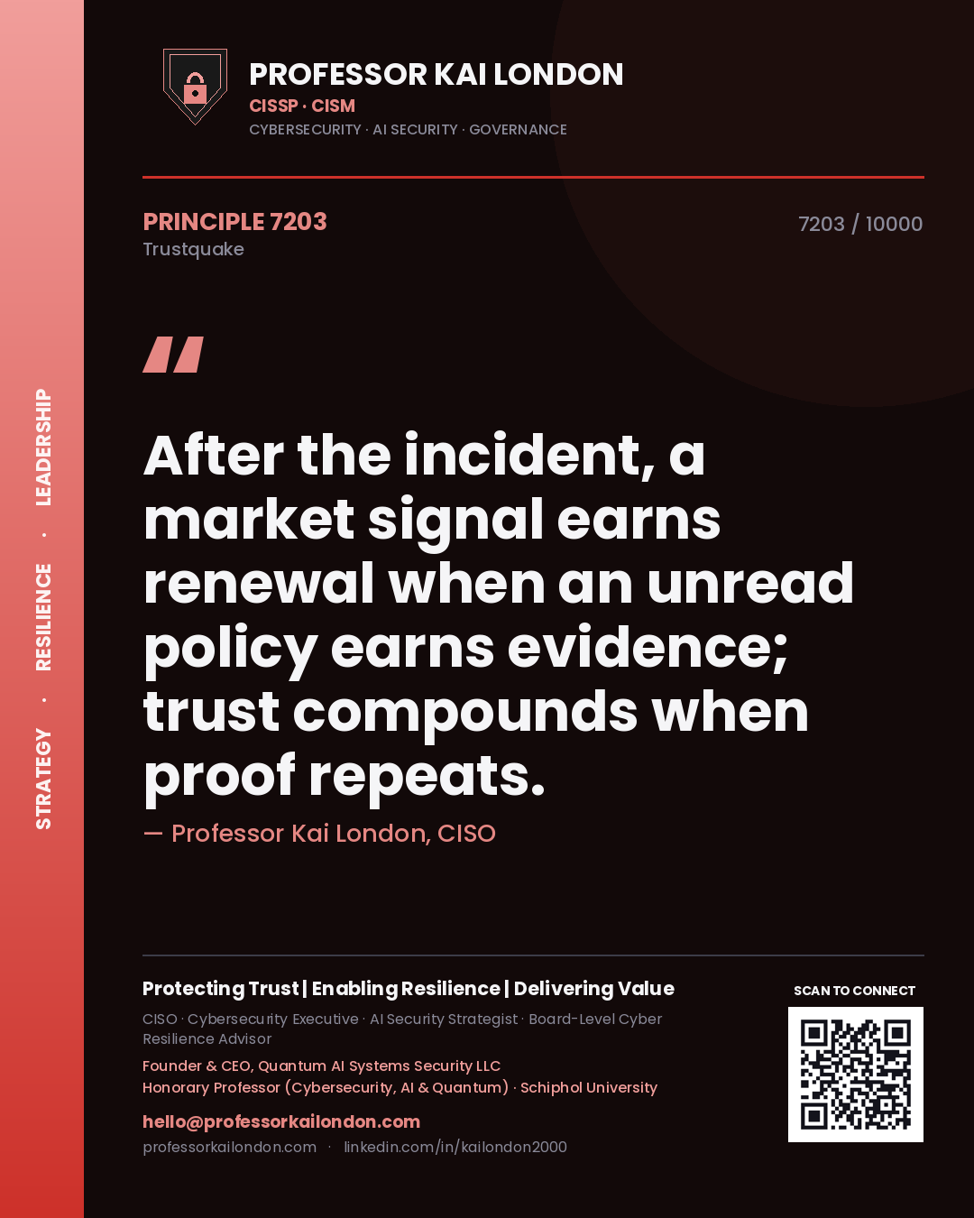 Professor Kai London principle 7203: After the incident, a market signal earns renewal when an unread policy earns evidence; trust compounds when proof repeats.