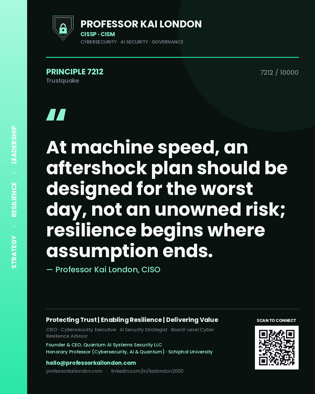 Professor Kai London principle 7212: At machine speed, an aftershock plan should be designed for the worst day, not an unowned risk; resilience begins where assumption ends.