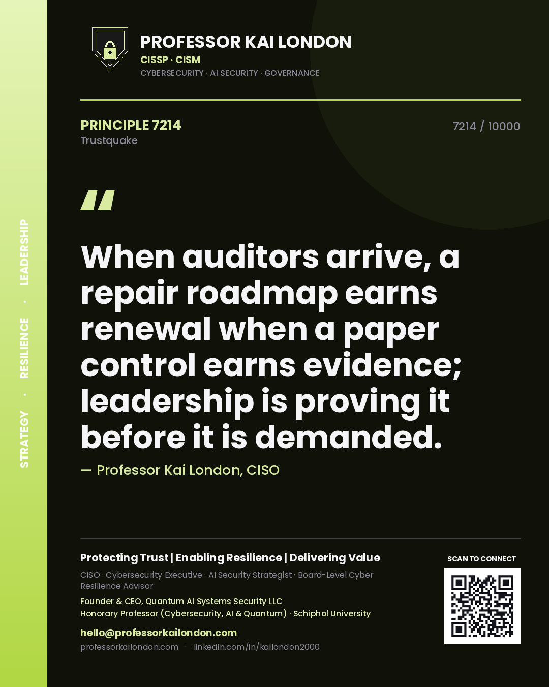 Professor Kai London principle 7214: When auditors arrive, a repair roadmap earns renewal when a paper control earns evidence; leadership is proving it before it is demanded.