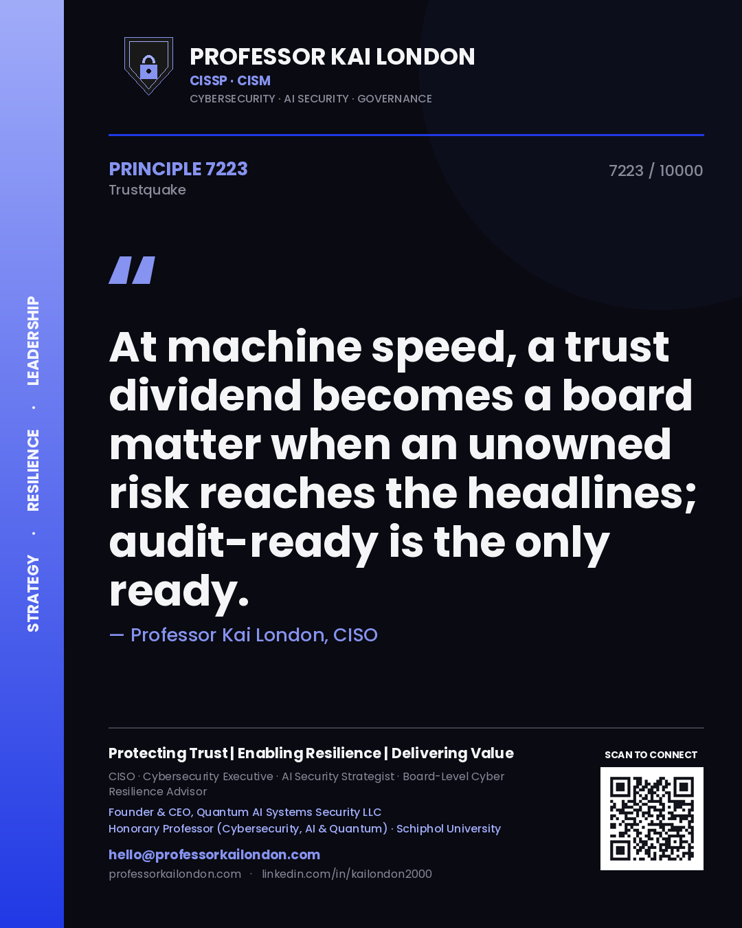 Professor Kai London principle 7223: At machine speed, a trust dividend becomes a board matter when an unowned risk reaches the headlines; audit-ready is the only ready.