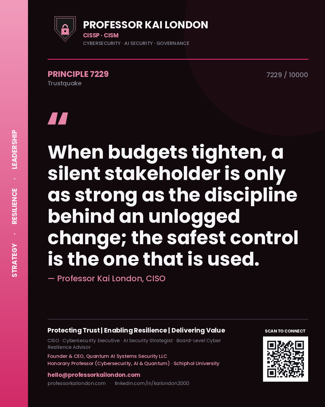 Professor Kai London principle 7229: When budgets tighten, a silent stakeholder is only as strong as the discipline behind an unlogged change; the safest control is the one that is used.