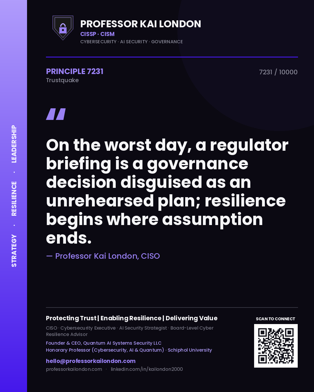 Professor Kai London principle 7231: On the worst day, a regulator briefing is a governance decision disguised as an unrehearsed plan; resilience begins where assumption ends.