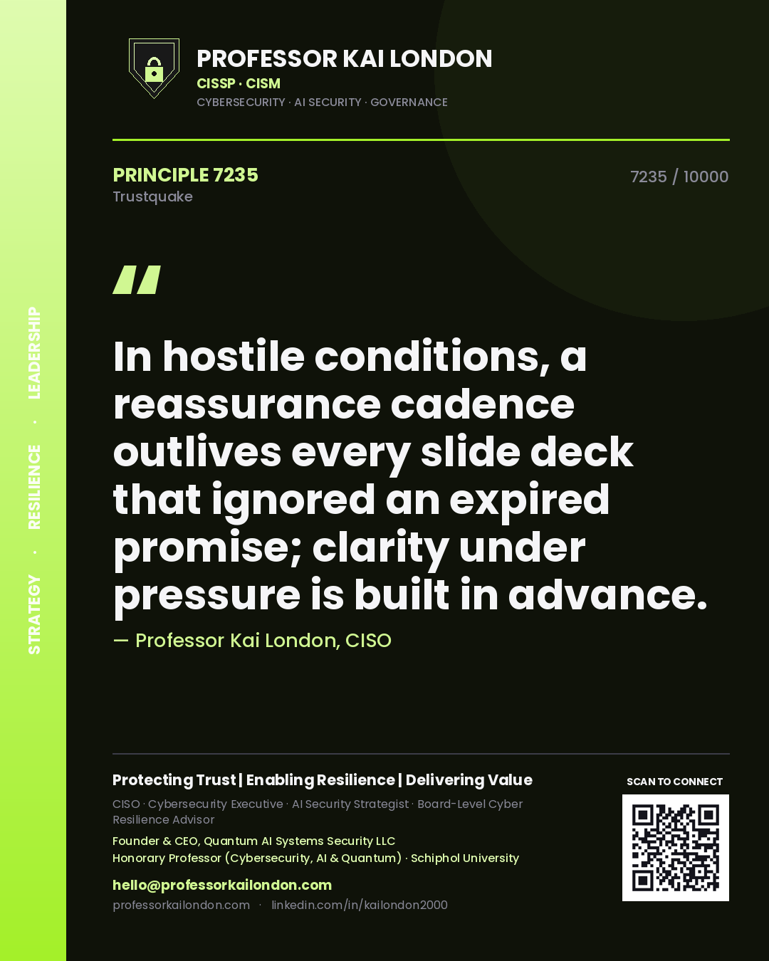 Professor Kai London principle 7235: In hostile conditions, a reassurance cadence outlives every slide deck that ignored an expired promise; clarity under pressure is built in advance.