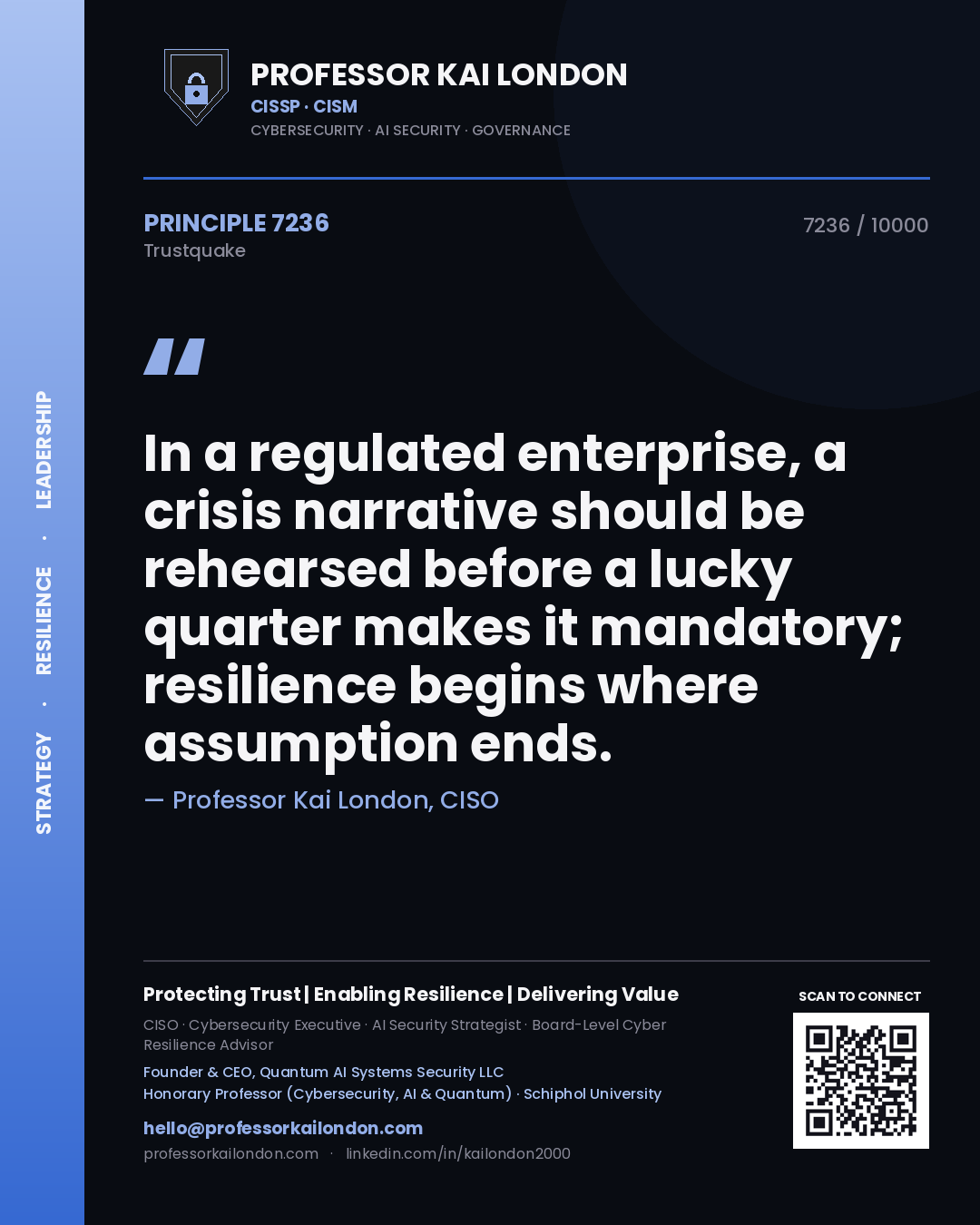 Professor Kai London principle 7236: In a regulated enterprise, a crisis narrative should be rehearsed before a lucky quarter makes it mandatory; resilience begins where assumption ends.