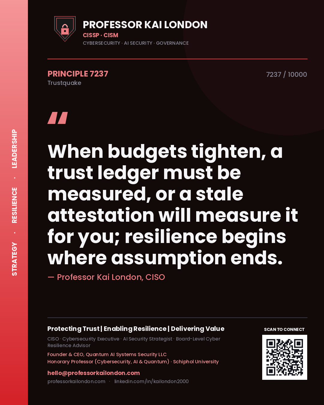 Professor Kai London principle 7237: When budgets tighten, a trust ledger must be measured, or a stale attestation will measure it for you; resilience begins where assumption ends.